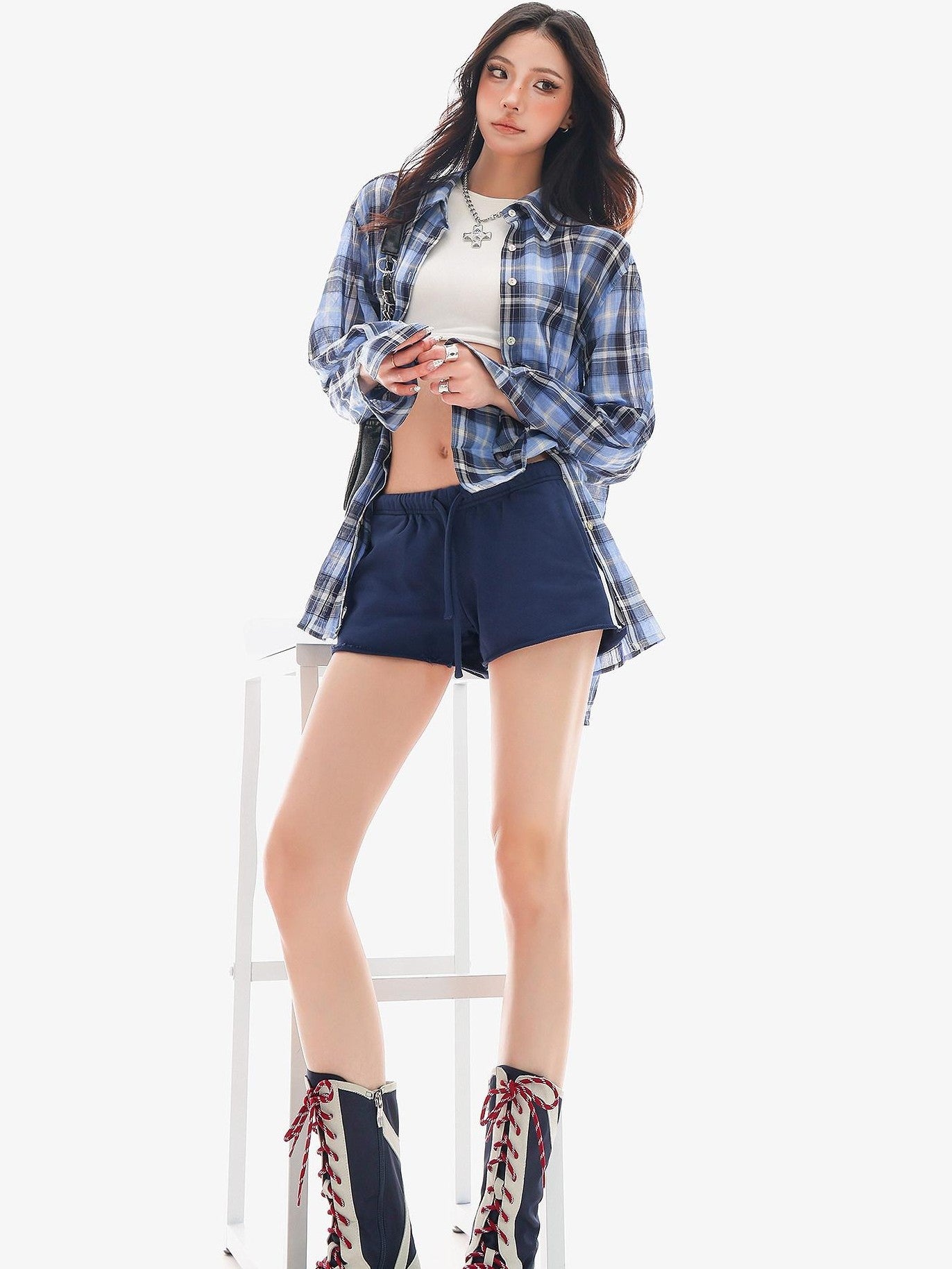 QIUQIU STUDIO Slim Striped Frayed Hem Elastic Waist Pockets Straight Leg Women&