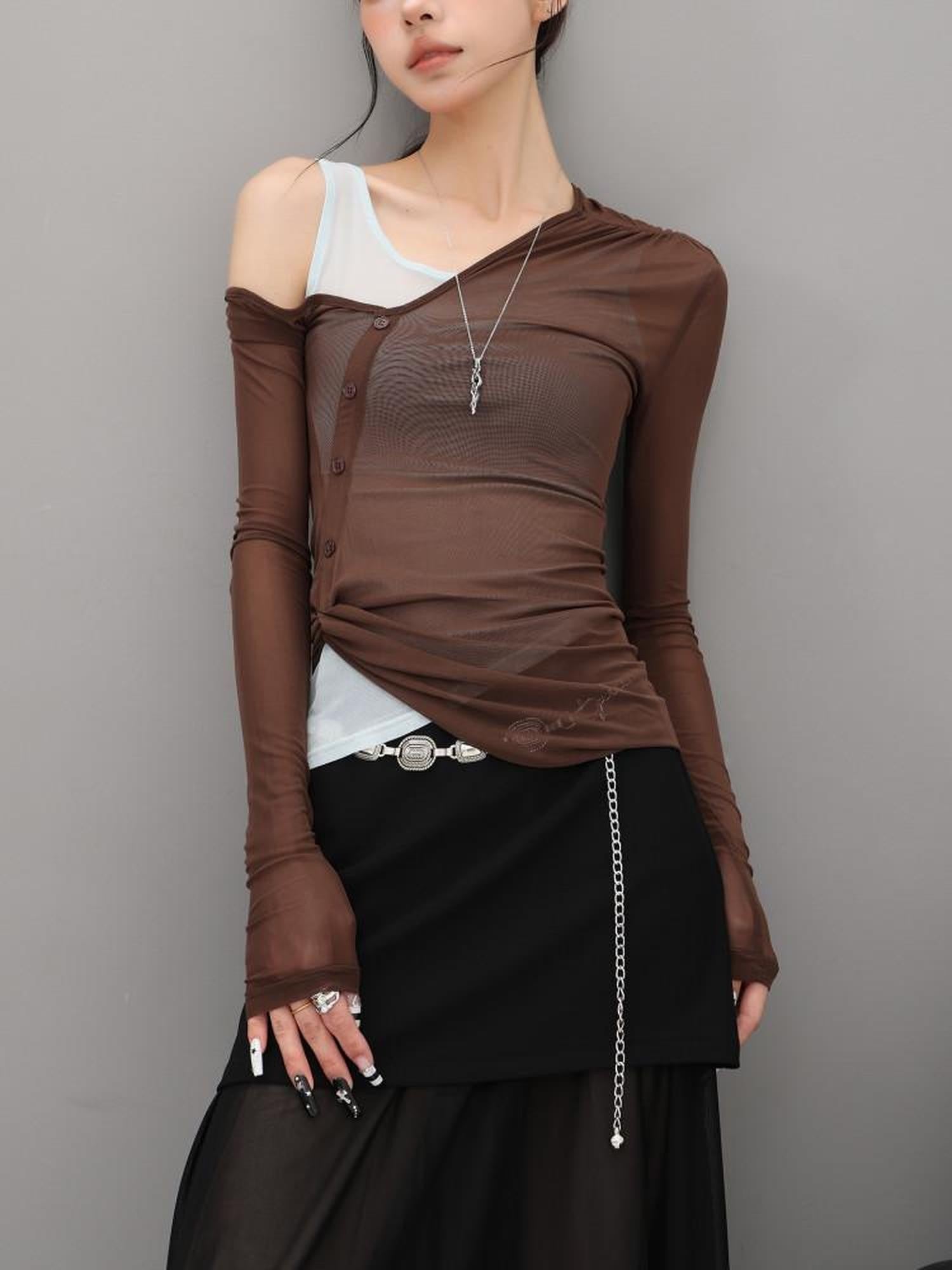 QIUQIU STUDIO Slimming Faux Two Piece Mesh Splice V-neck Women&