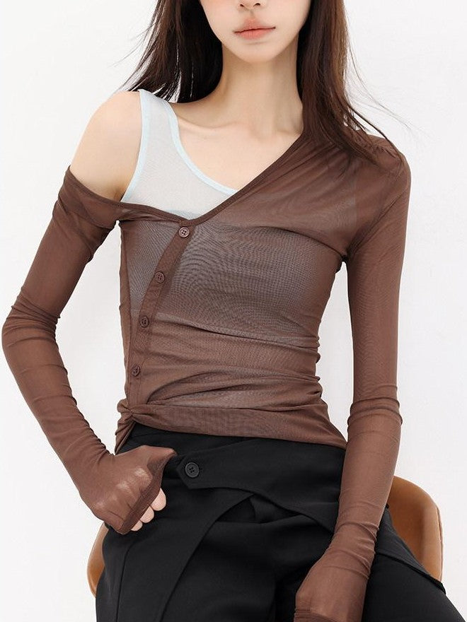 QIUQIU STUDIO Slimming Faux Two Piece Mesh Splice V-neck Women&