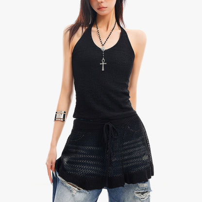 QIUQIU_STUDIO_Solid_Black_V-neck_Slim_Fit_Sleeveless_Slight_Stretch_Women&