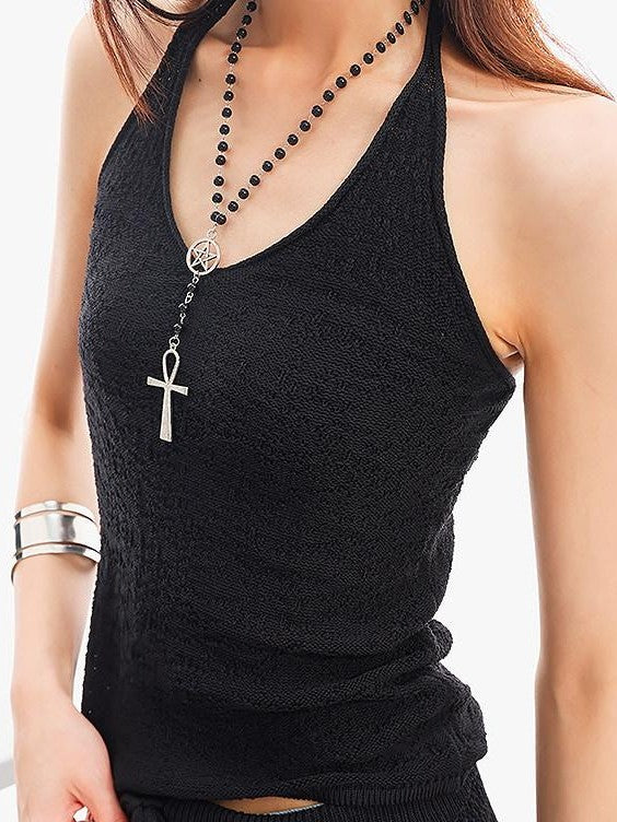 QIUQIU STUDIO Solid Black V-neck Slim Fit Sleeveless Slight Stretch Women&