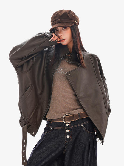 QIUQIU STUDIO Solid Color Loose Fit Lapel Collar Moto Women&
