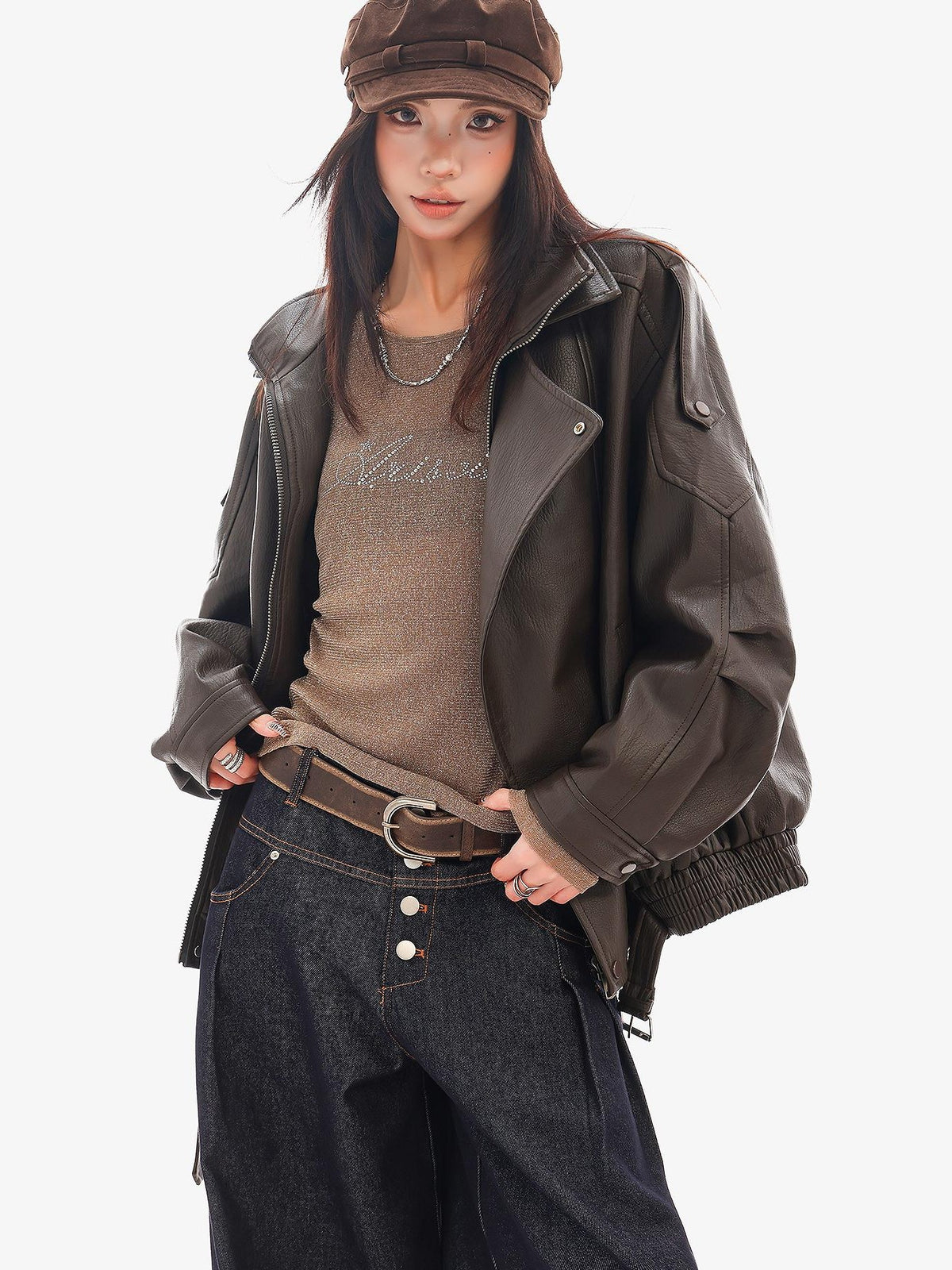 QIUQIU STUDIO Solid Color Loose Fit Lapel Collar Moto Women&