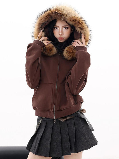 QIUQIU STUDIO Solid Detachable Fur Collar Hooded Thick Women&