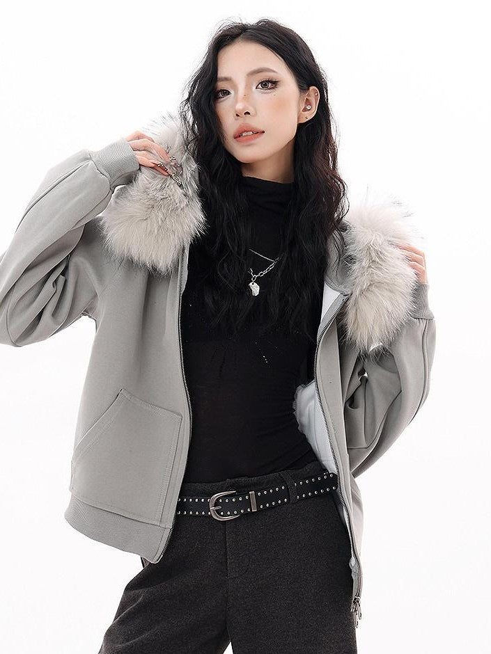 QIUQIU STUDIO Solid Detachable Fur Collar Hooded Thick Women&