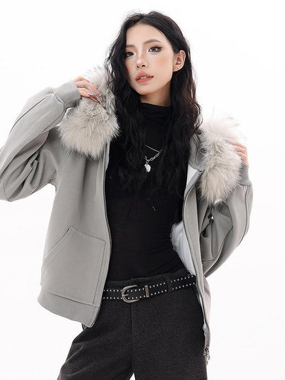 QIUQIU STUDIO Solid Detachable Fur Collar Hooded Thick Women&