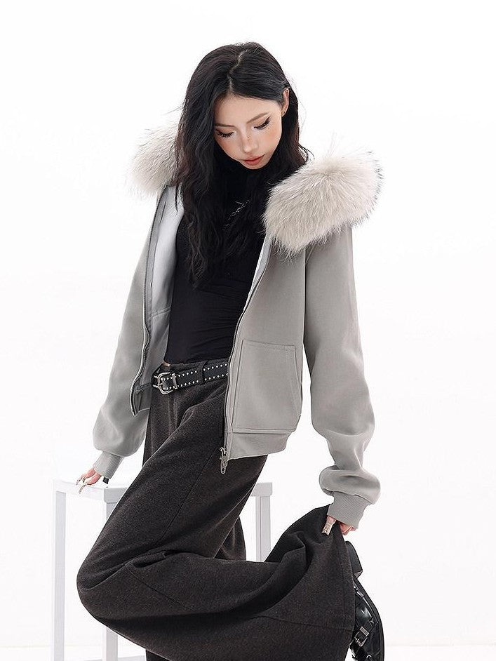 QIUQIU STUDIO Solid Detachable Fur Collar Hooded Thick Women&