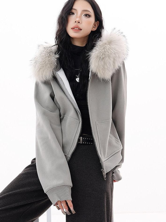 QIUQIU STUDIO Solid Detachable Fur Collar Hooded Thick Women&