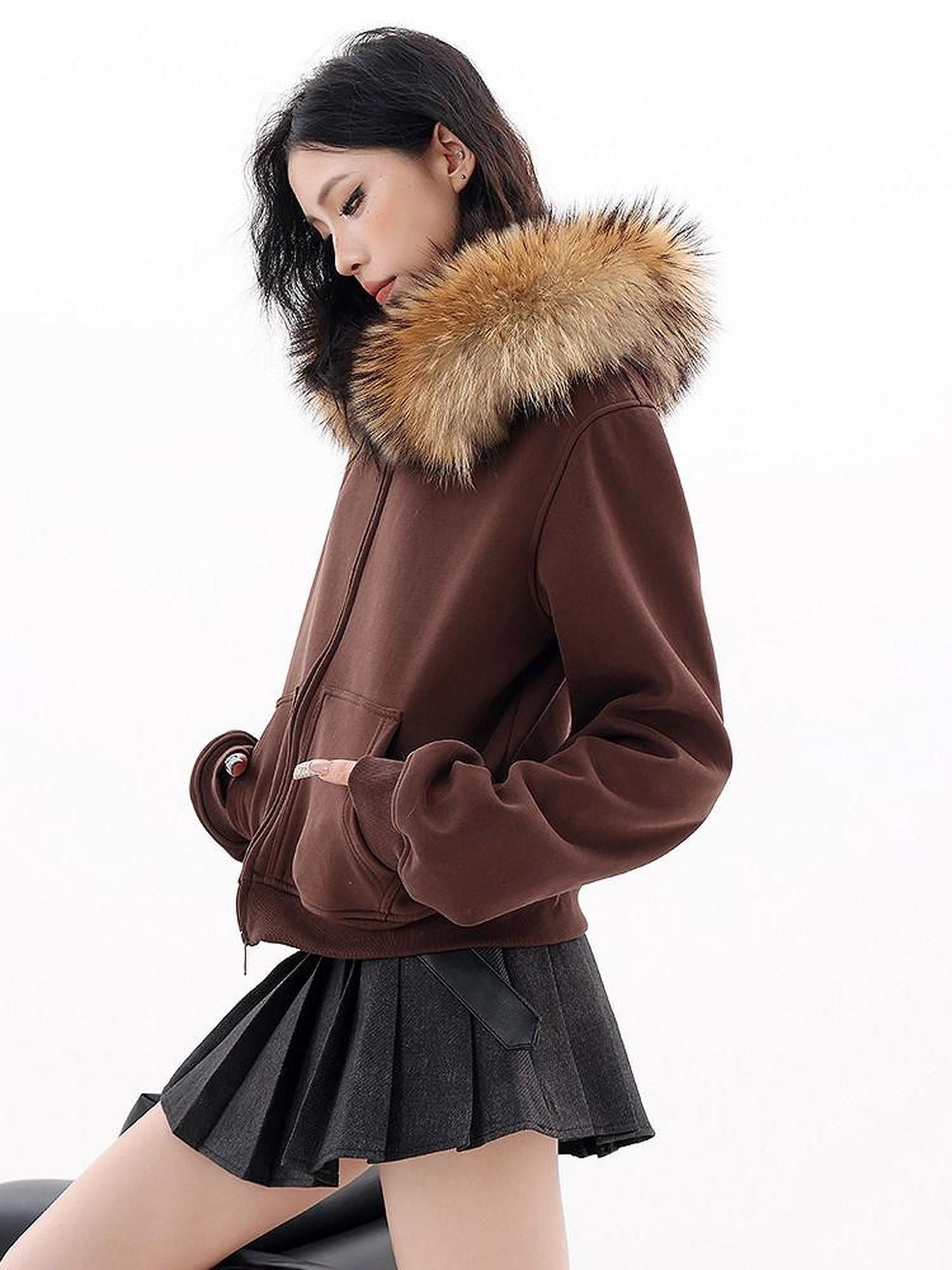 QIUQIU STUDIO Solid Detachable Fur Collar Hooded Thick Women&
