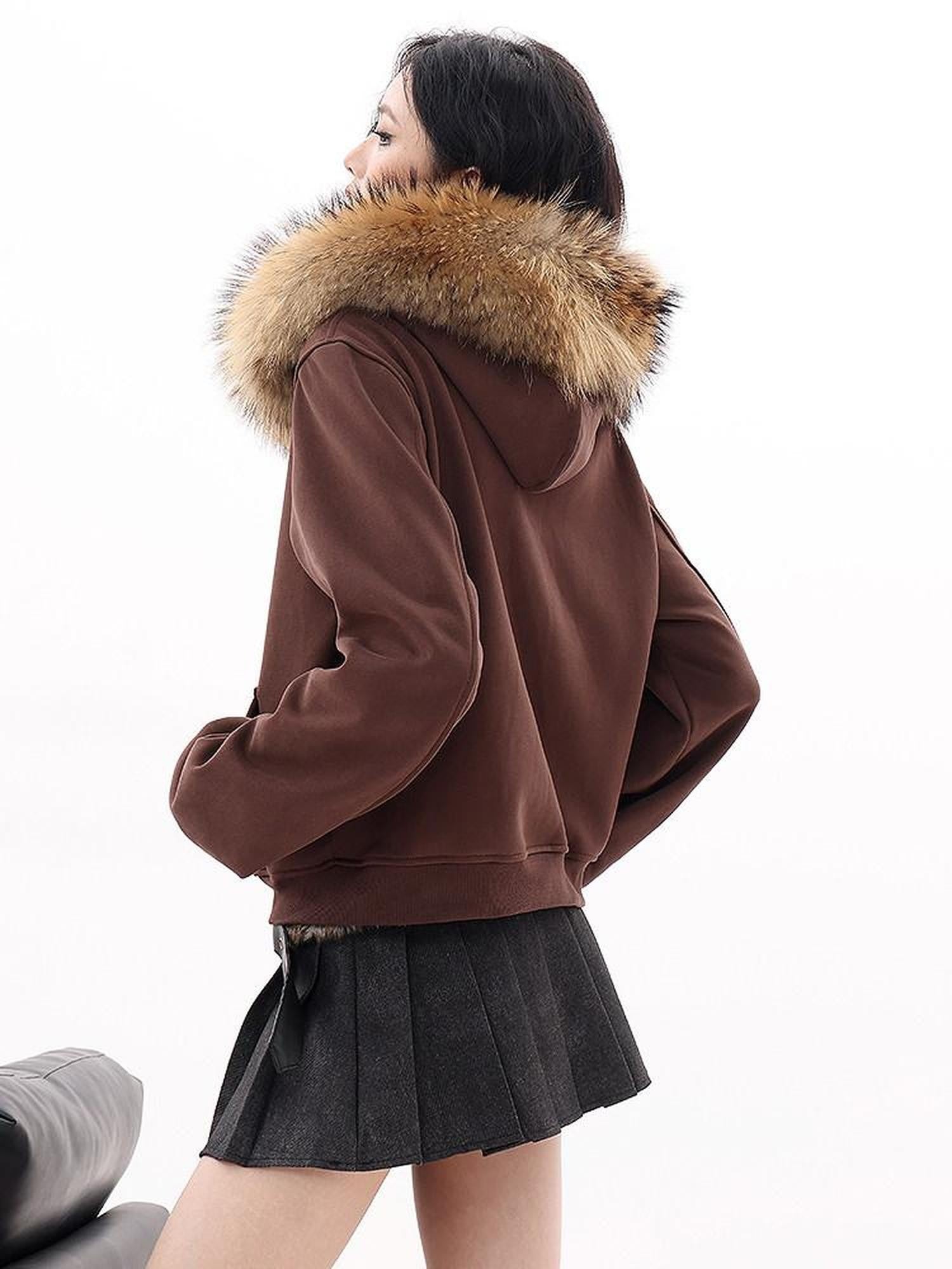QIUQIU STUDIO Solid Detachable Fur Collar Hooded Thick Women&