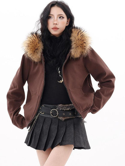 QIUQIU STUDIO Solid Detachable Fur Collar Hooded Thick Women&