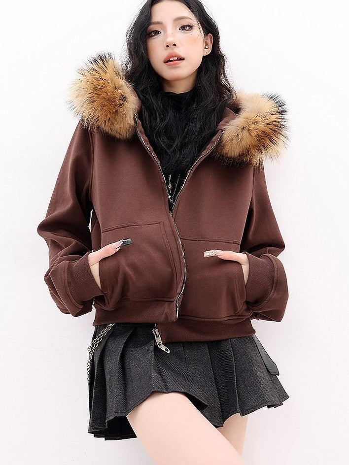 QIUQIU STUDIO Solid Detachable Fur Collar Hooded Thick Women&
