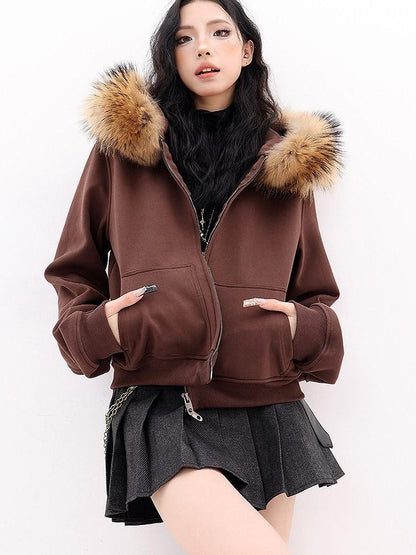 QIUQIU STUDIO Solid Detachable Fur Collar Hooded Thick Women&