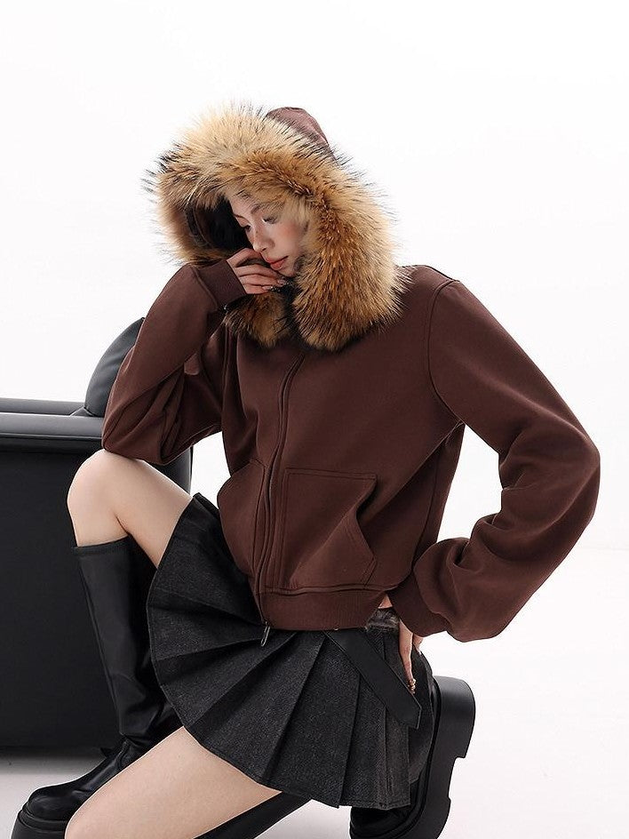 QIUQIU STUDIO Solid Detachable Fur Collar Hooded Thick Women&