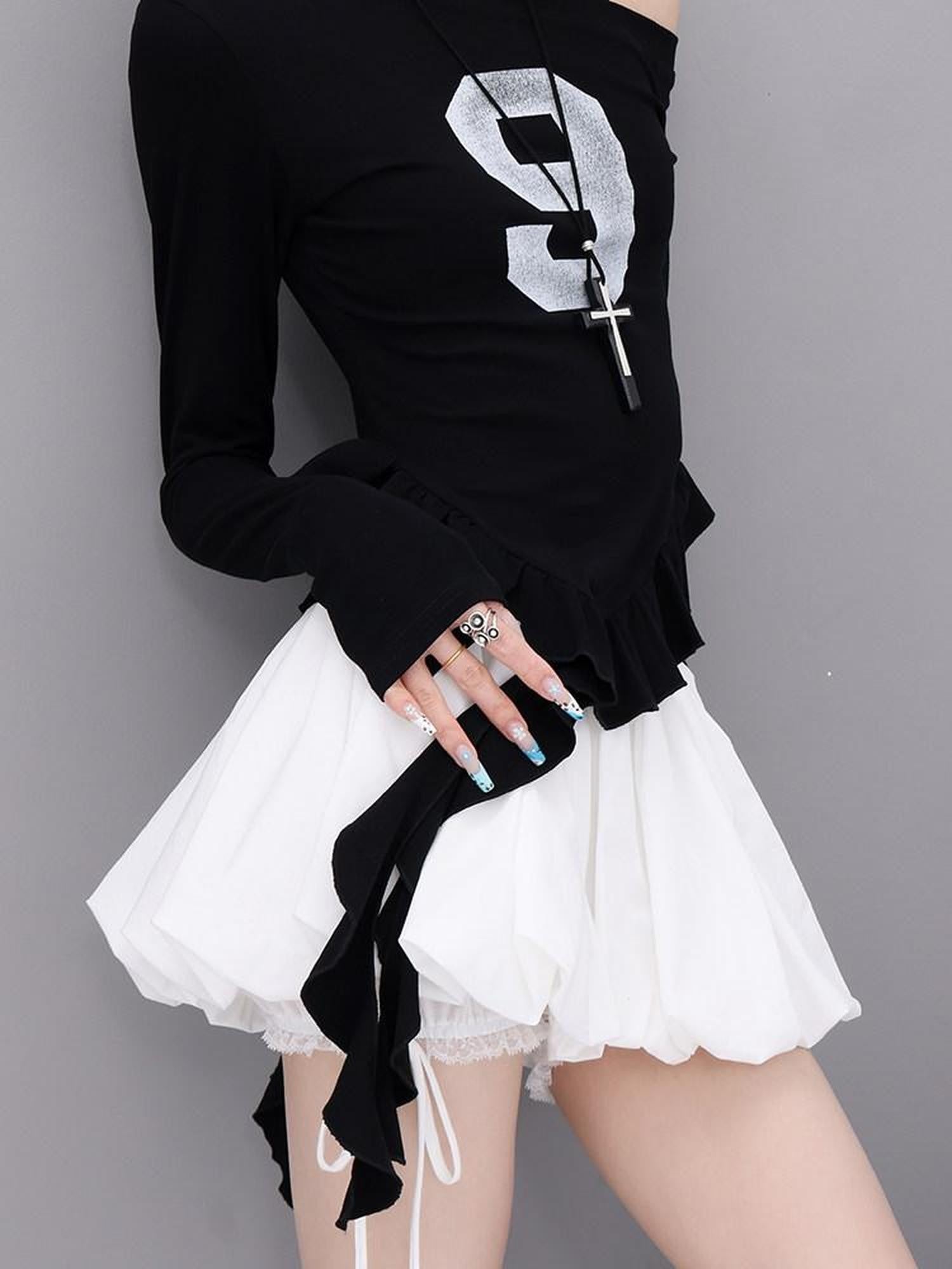 QIUQIU STUDIO Solid Lace Spliced A Line Puff Layered Mid Rise Women&