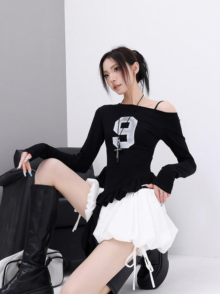 QIUQIU STUDIO Solid Lace Spliced A Line Puff Layered Mid Rise Women&