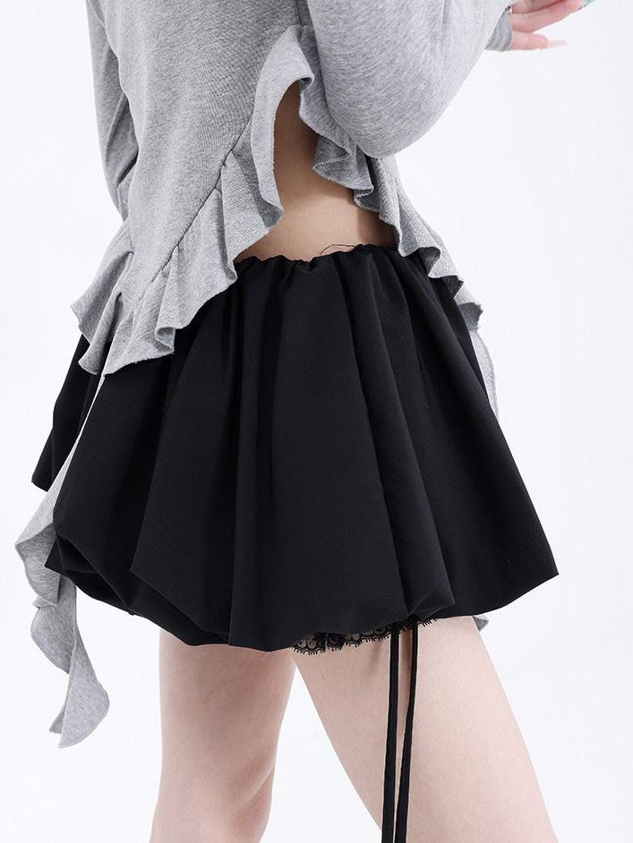 QIUQIU STUDIO Solid Lace Spliced A Line Puff Layered Mid Rise Women&