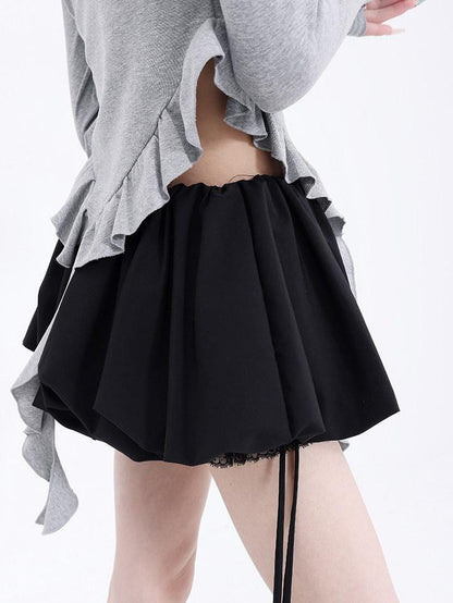 QIUQIU STUDIO Solid Lace Spliced A Line Puff Layered Mid Rise Women&