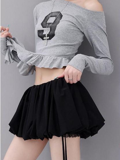 QIUQIU STUDIO Solid Lace Spliced A Line Puff Layered Mid Rise Women&