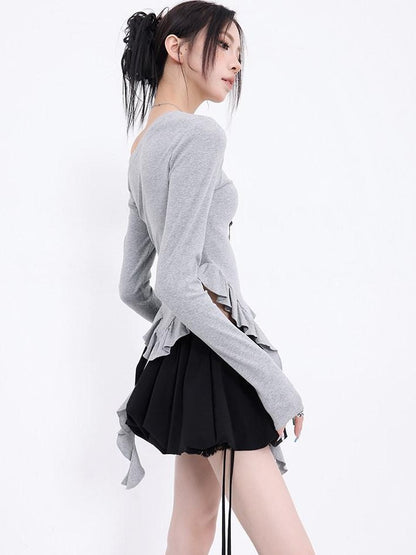 QIUQIU STUDIO Solid Lace Spliced A Line Puff Layered Mid Rise Women&