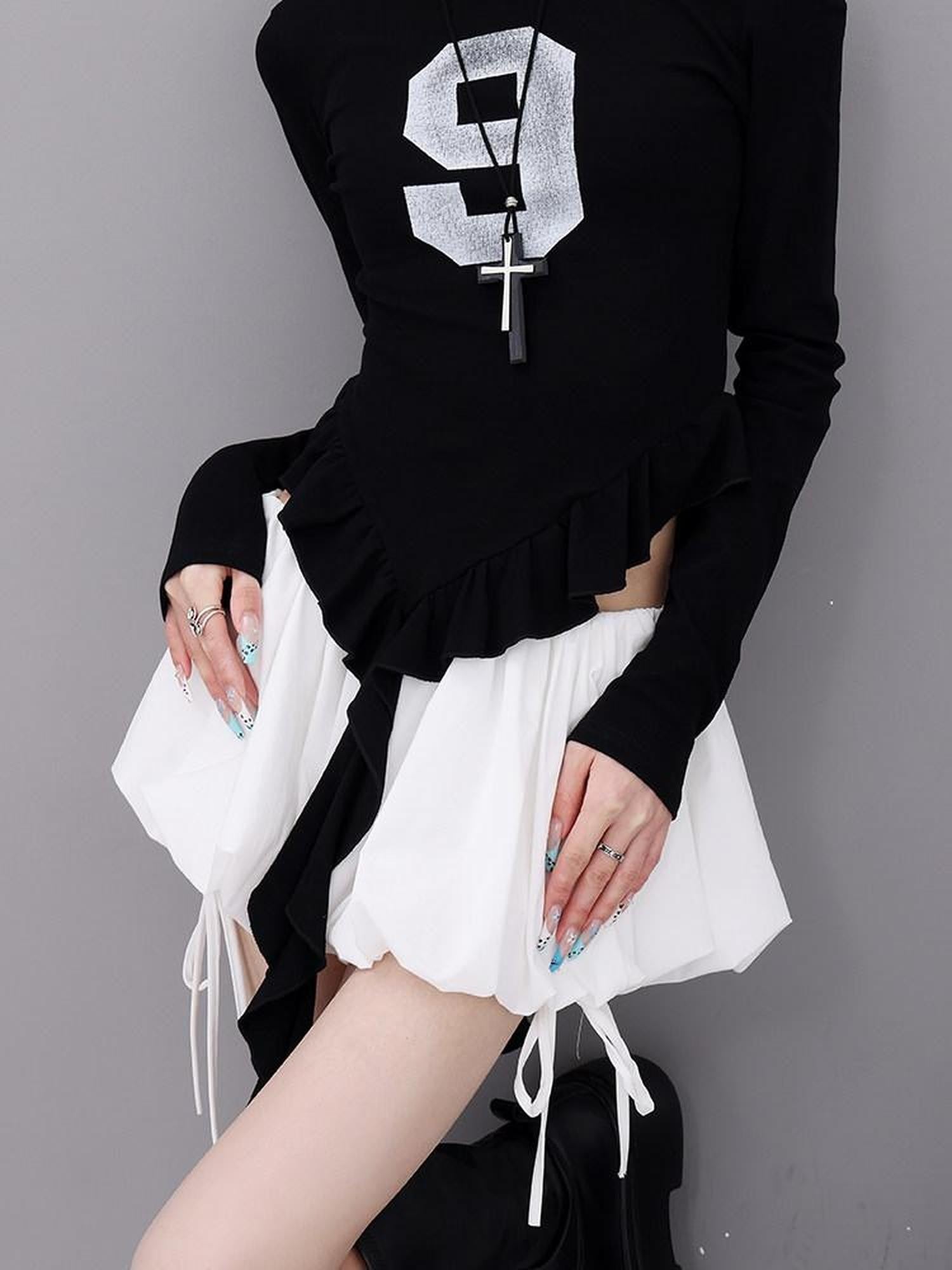 QIUQIU STUDIO Solid Lace Spliced A Line Puff Layered Mid Rise Women&