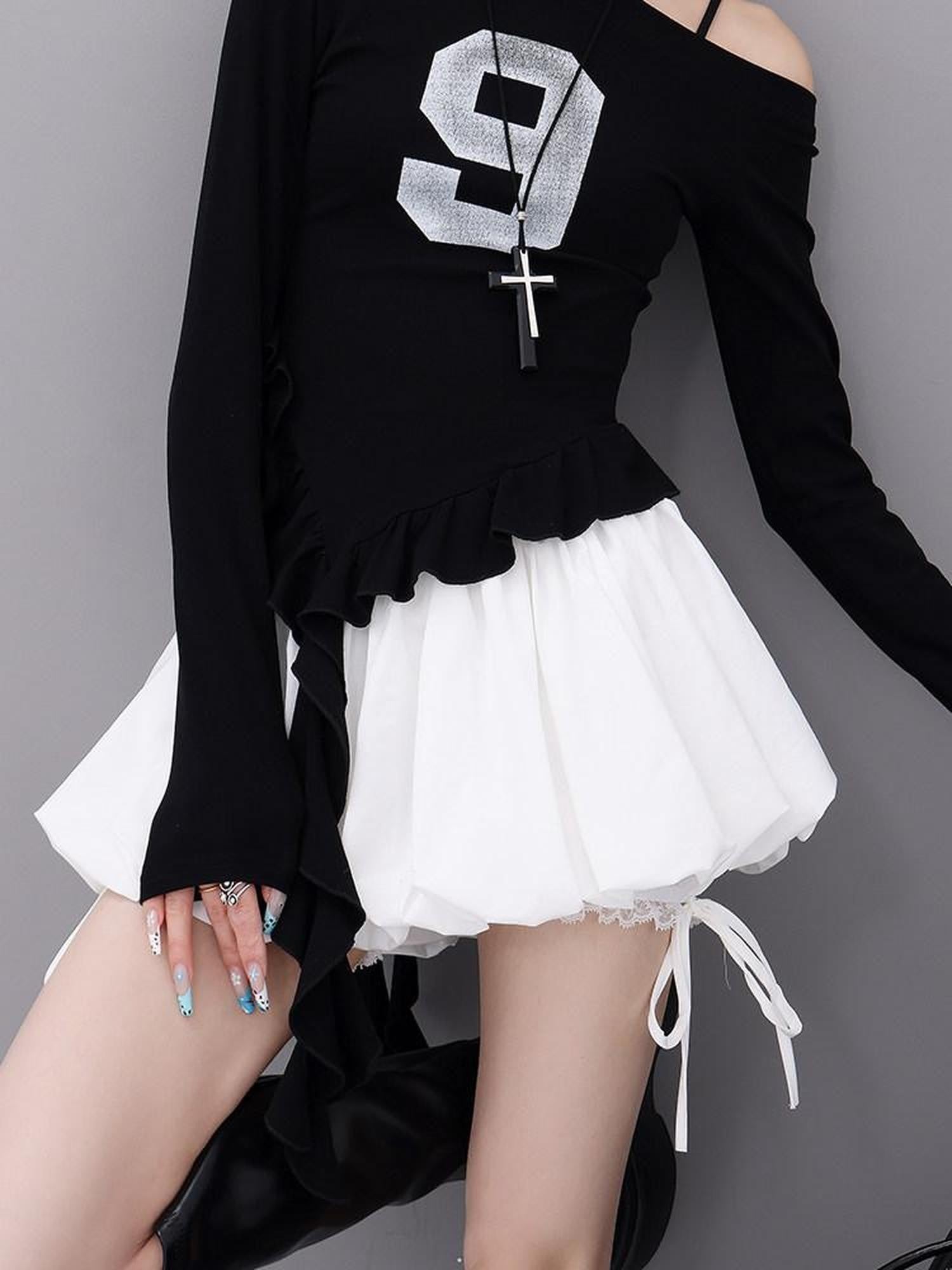 QIUQIU STUDIO Solid Lace Spliced A Line Puff Layered Mid Rise Women&