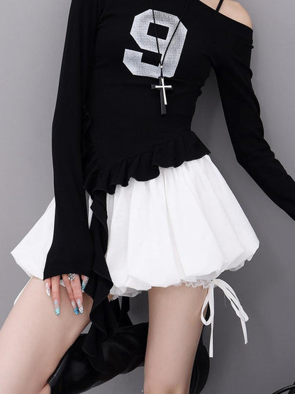 QIUQIU STUDIO Solid Lace Spliced A Line Puff Layered Mid Rise Women&