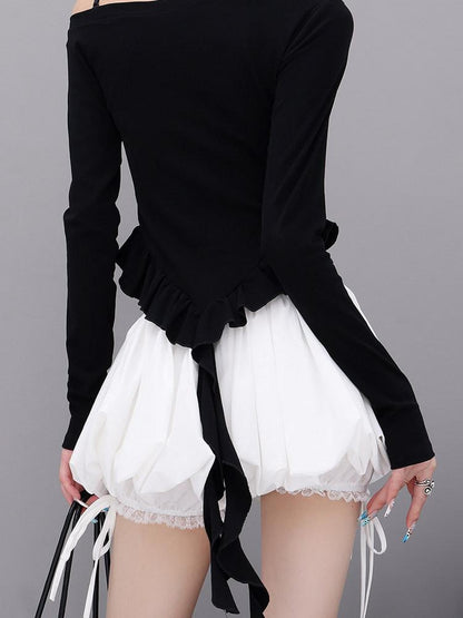 QIUQIU STUDIO Solid Lace Spliced A Line Puff Layered Mid Rise Women&