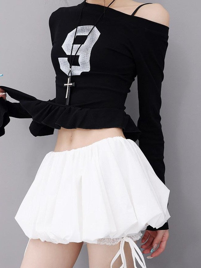 QIUQIU STUDIO Solid Lace Spliced A Line Puff Layered Mid Rise Women&