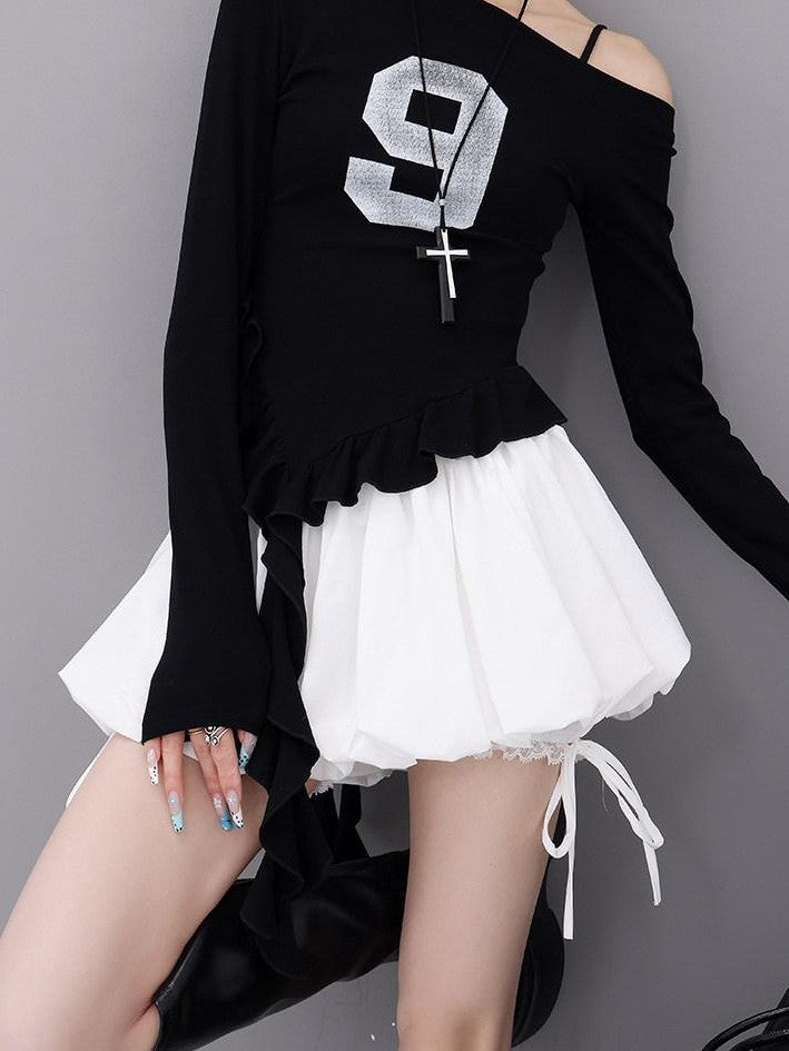 QIUQIU STUDIO Solid Lace Spliced A Line Puff Layered Mid Rise Women&