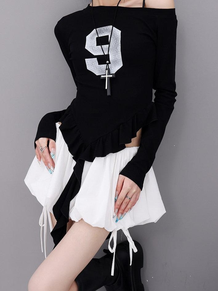 QIUQIU STUDIO Solid Lace Spliced A Line Puff Layered Mid Rise Women&