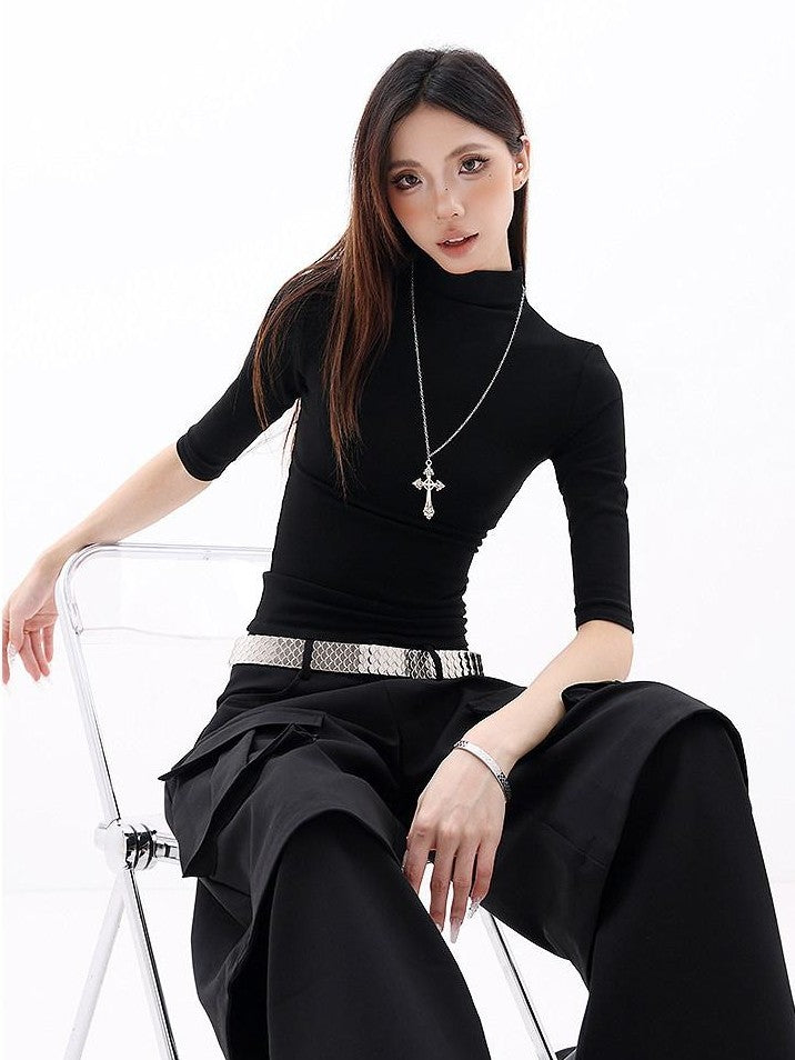 QIUQIU STUDIO Solid Mock Neck Slim Fit Elastic Cuff Women&