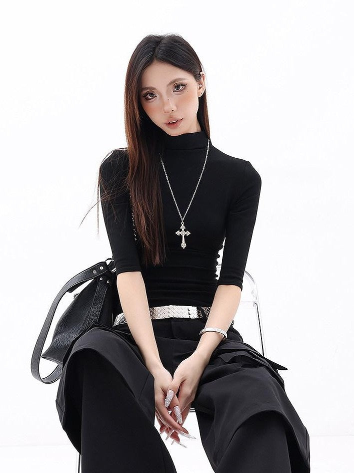 QIUQIU STUDIO Solid Mock Neck Slim Fit Elastic Cuff Women&