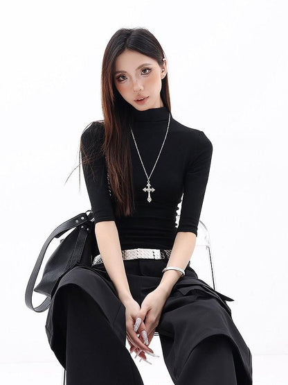 QIUQIU STUDIO Solid Mock Neck Slim Fit Elastic Cuff Women&