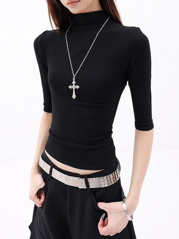 QIUQIU STUDIO Solid Mock Neck Slim Fit Elastic Cuff Women&