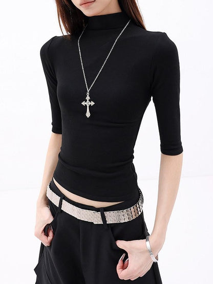 QIUQIU STUDIO Solid Mock Neck Slim Fit Elastic Cuff Women&