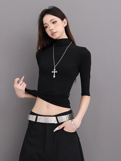 QIUQIU STUDIO Solid Mock Neck Slim Fit Elastic Cuff Women&