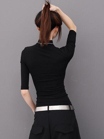 QIUQIU STUDIO Solid Mock Neck Slim Fit Elastic Cuff Women&