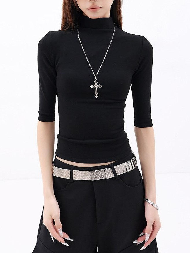 QIUQIU STUDIO Solid Mock Neck Slim Fit Elastic Cuff Women&
