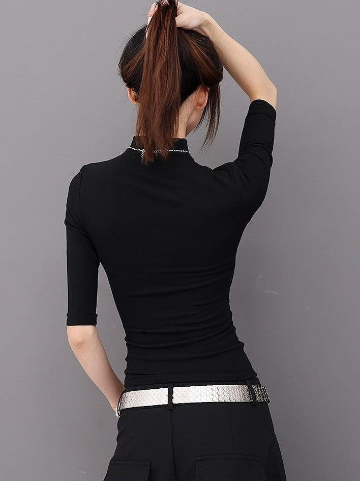 QIUQIU STUDIO Solid Mock Neck Slim Fit Elastic Cuff Women&