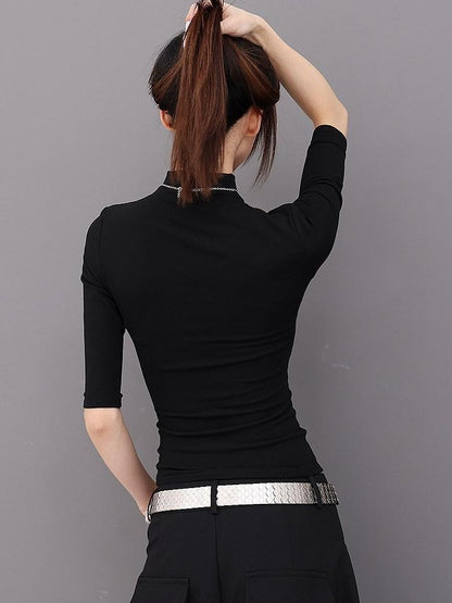 QIUQIU STUDIO Solid Mock Neck Slim Fit Elastic Cuff Women&