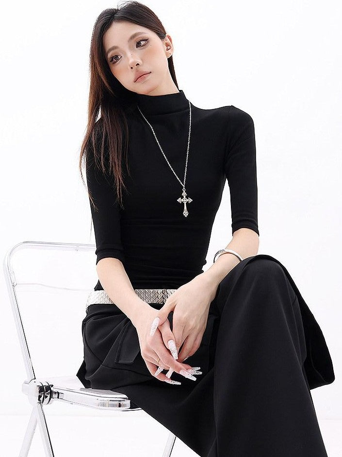 QIUQIU STUDIO Solid Mock Neck Slim Fit Elastic Cuff Women&