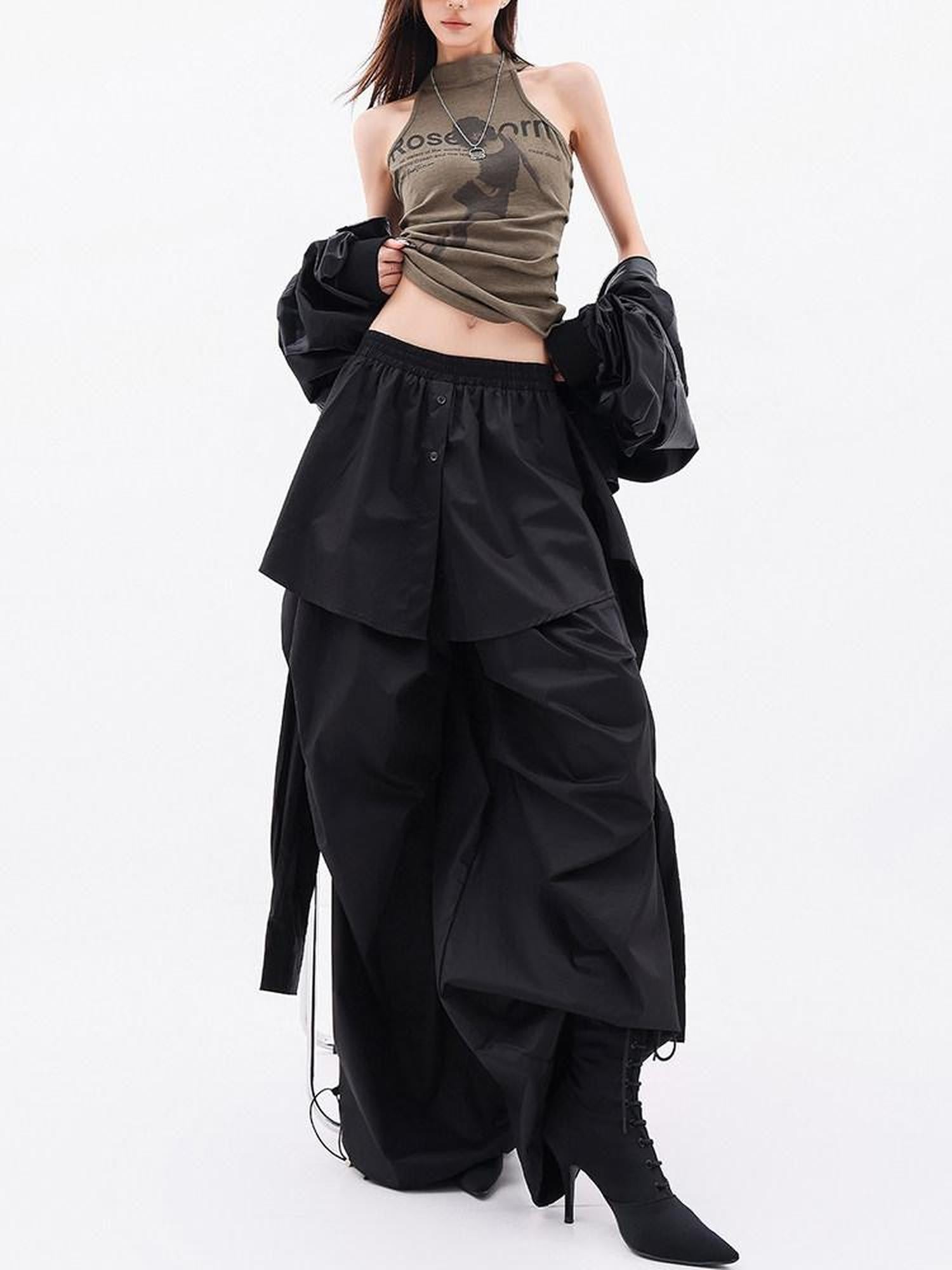 QIUQIU STUDIO Solid Patchwork Layered Faux Two Piece Cargo Women&