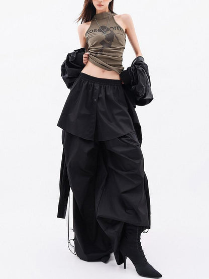 QIUQIU STUDIO Solid Patchwork Layered Faux Two Piece Cargo Women&