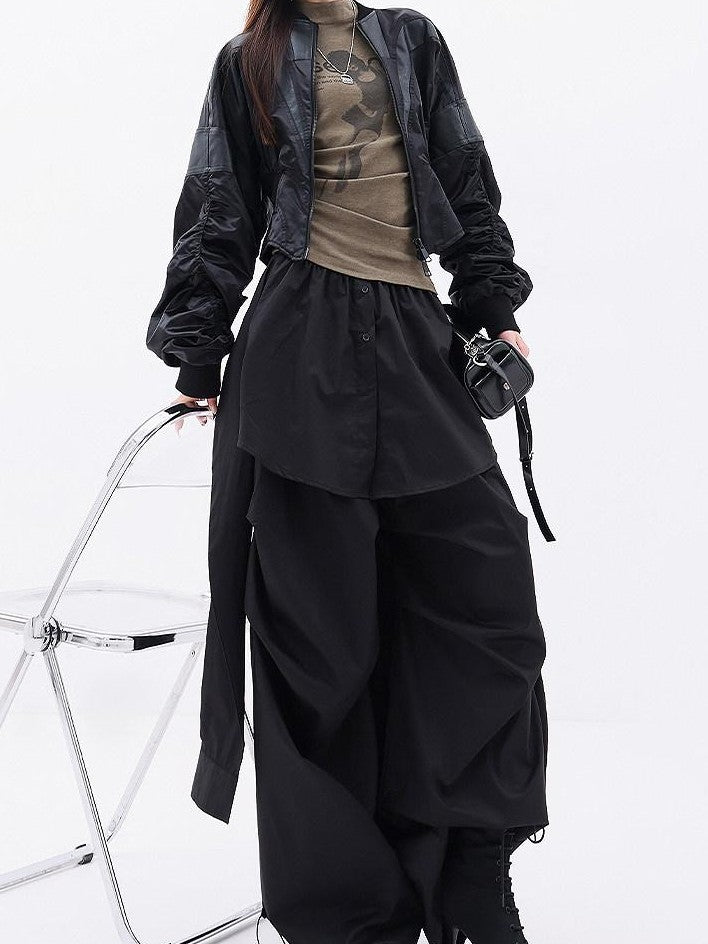 QIUQIU STUDIO Solid Patchwork Layered Faux Two Piece Cargo Women&