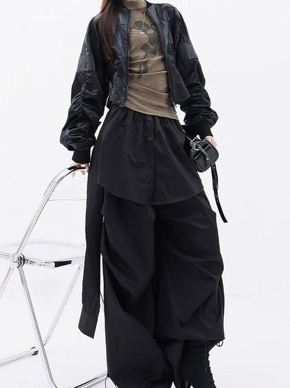 QIUQIU STUDIO Solid Patchwork Layered Faux Two Piece Cargo Women&