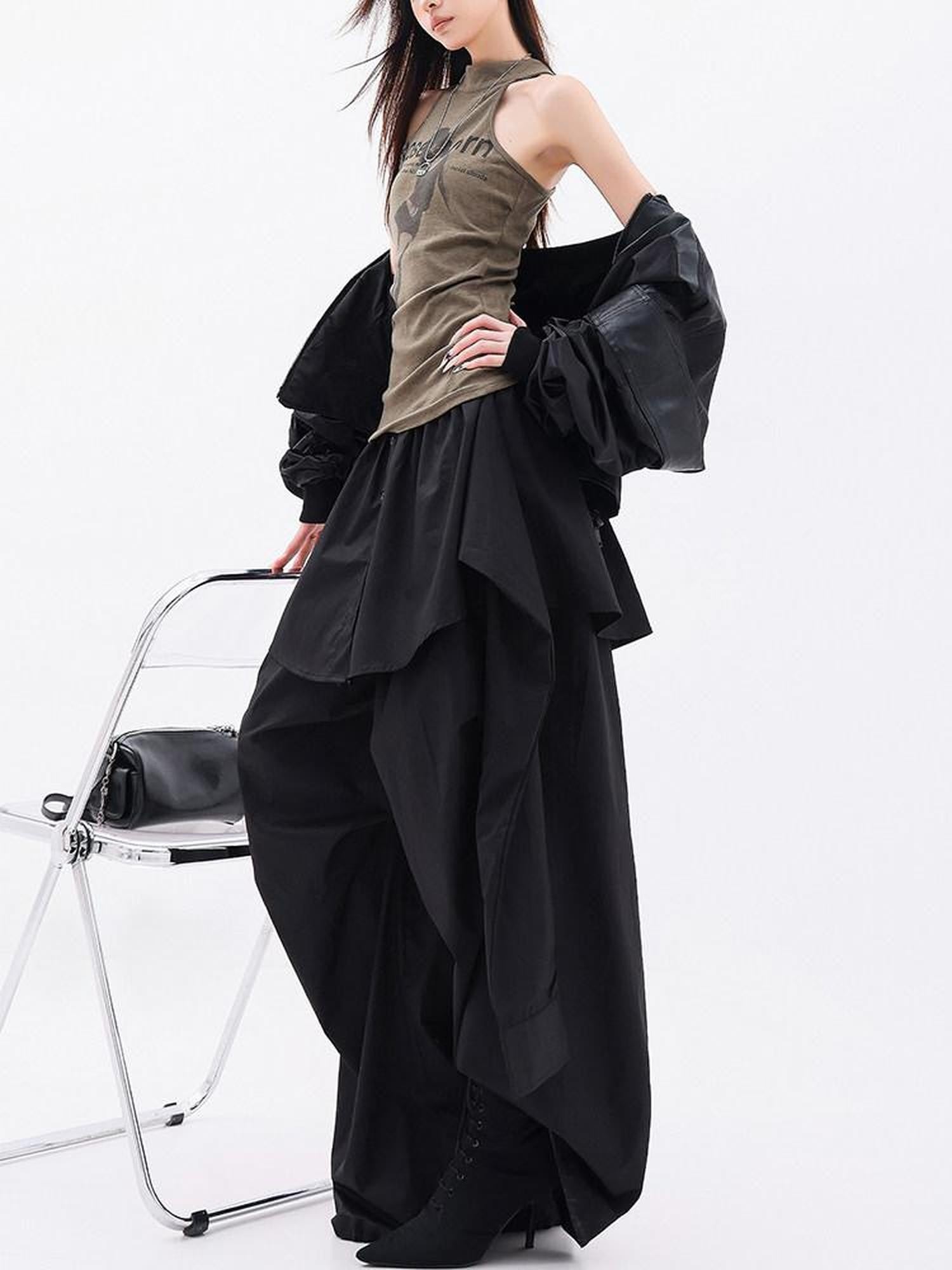 QIUQIU STUDIO Solid Patchwork Layered Faux Two Piece Cargo Women&