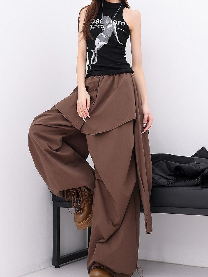 QIUQIU STUDIO Solid Patchwork Layered Faux Two Piece Cargo Women&