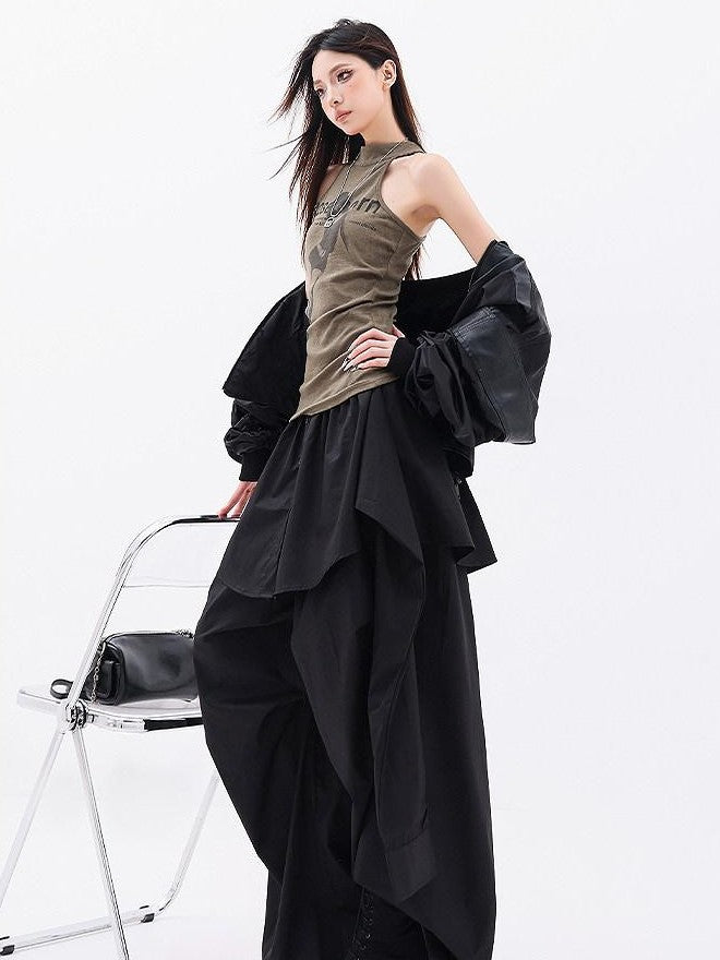 QIUQIU STUDIO Solid Patchwork Layered Faux Two Piece Cargo Women&