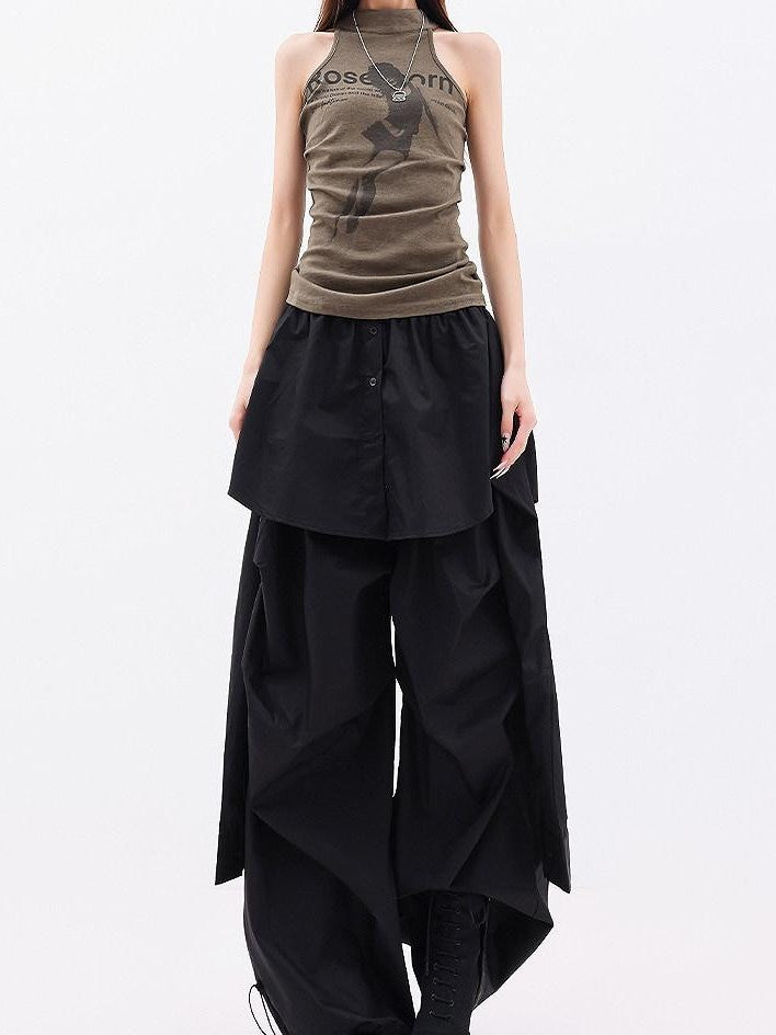 QIUQIU STUDIO Solid Patchwork Layered Faux Two Piece Cargo Women&